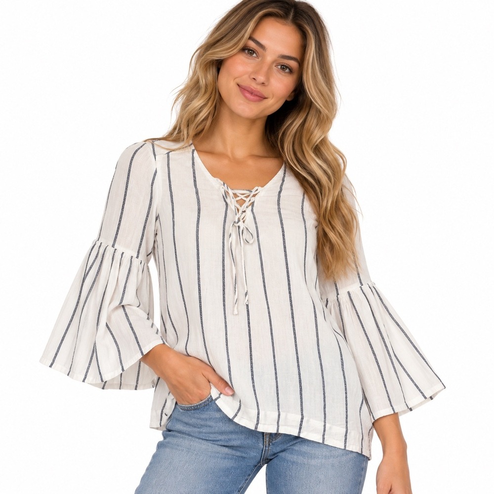 Sanctuary Women's M White Blue Stripe Lace Up Bell Sleeve Boho Blouse